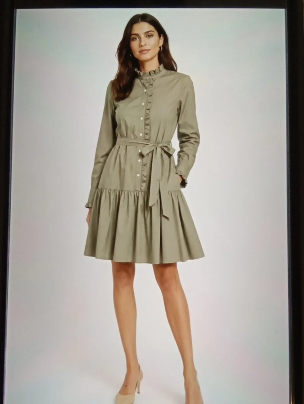 kate spade Broome Street Olive Green Ruffle Neck Poplin Womens Dress Size L
